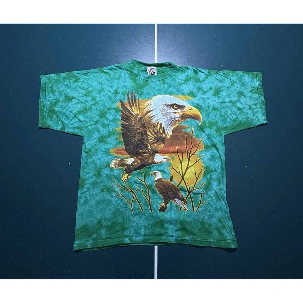 Vintage Bald Eagle All Over Print T-Shirt Size Large Single Stitch‎ Tie Dye 90s